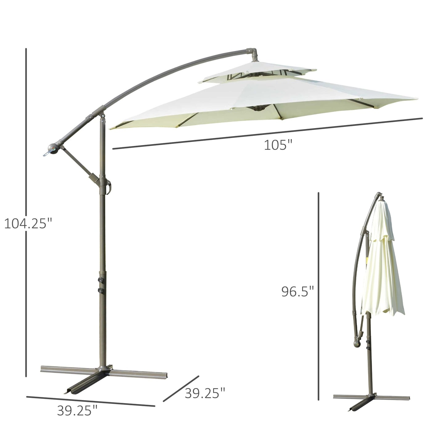Parasol déporté Outsunny 9' à 2 niveaux avec manivelle, base en croix et 8 baleines, pour jardin et terrasse.