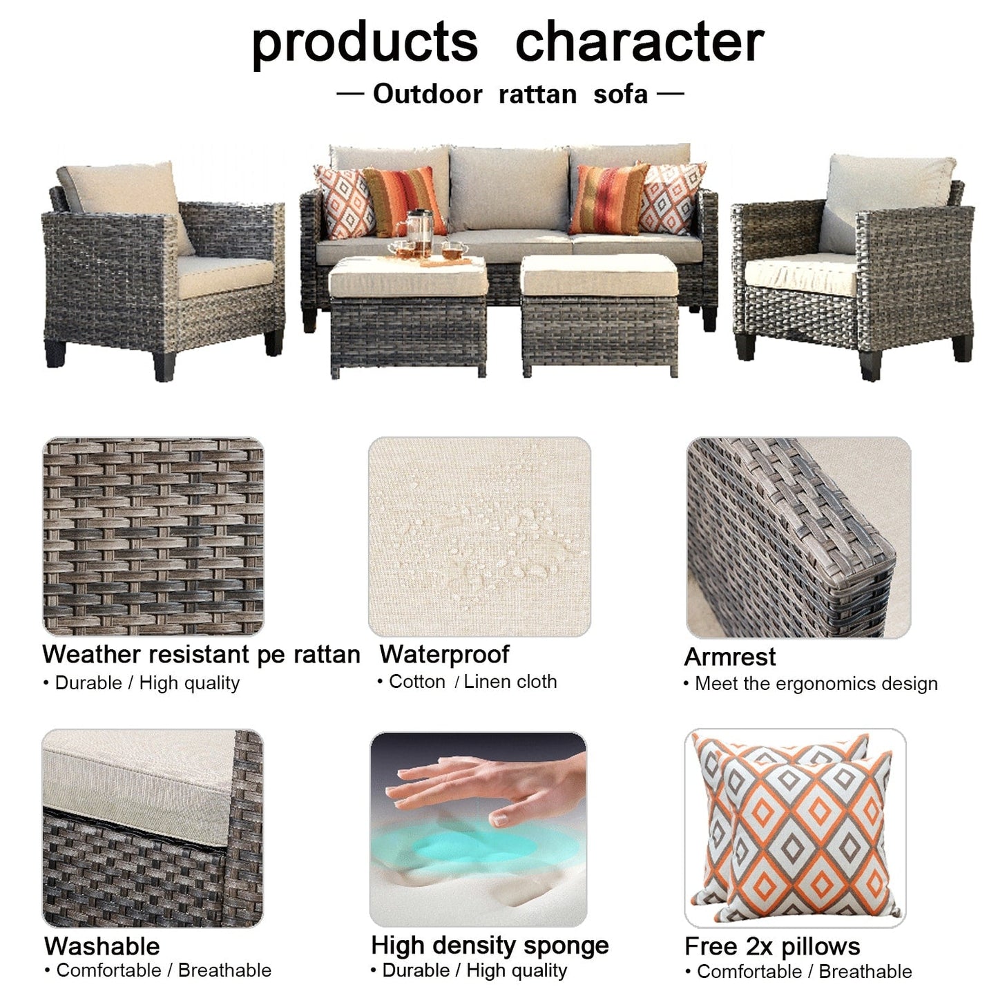 Ensemble de mobilier de patio OVIOS 5 pièces en résine tressée avec dossier haut