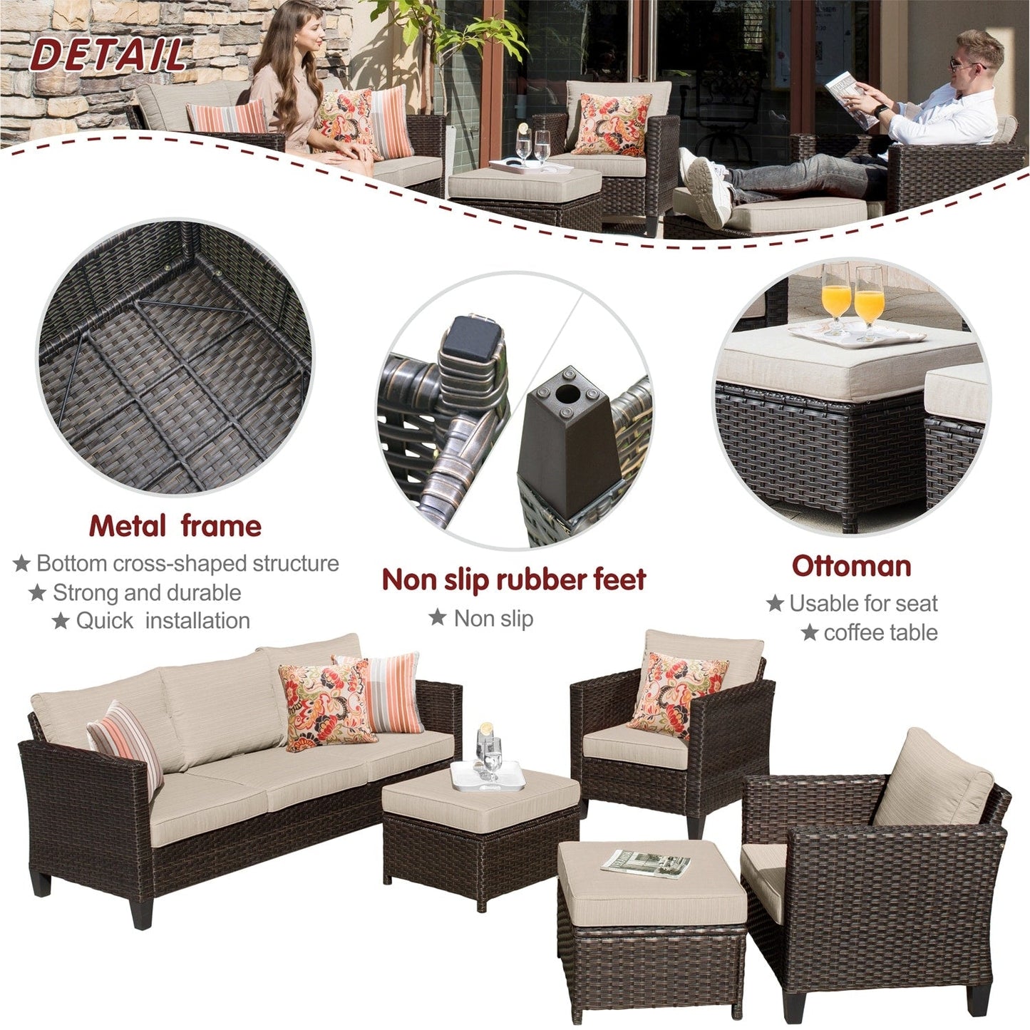 Ensemble de mobilier de patio OVIOS 5 pièces en résine tressée avec dossier haut