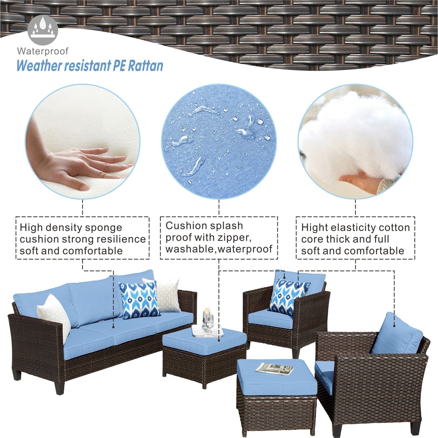 Ensemble de mobilier de patio OVIOS 5 pièces en résine tressée avec dossier haut