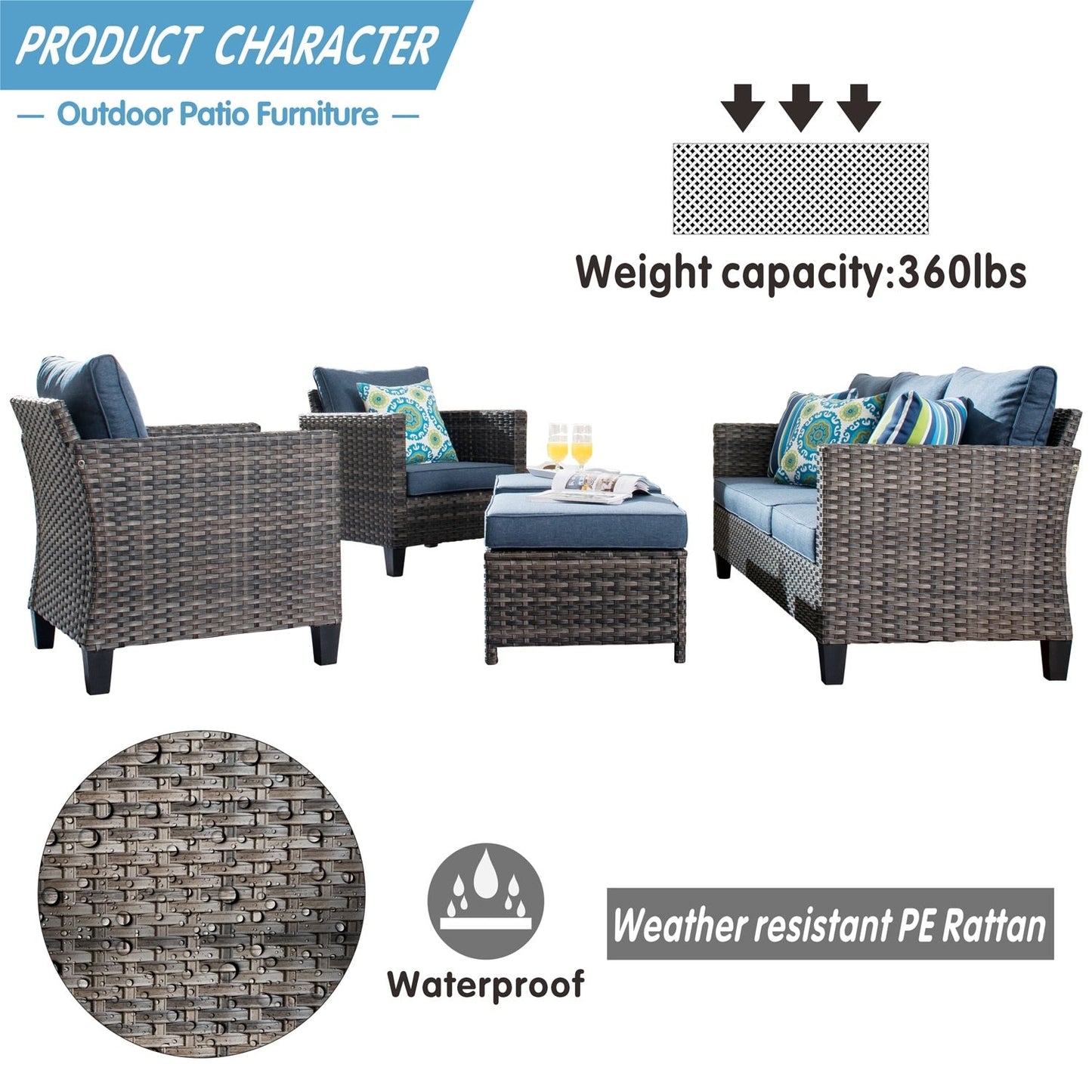 Ensemble de mobilier de patio OVIOS 5 pièces en résine tressée avec dossier haut