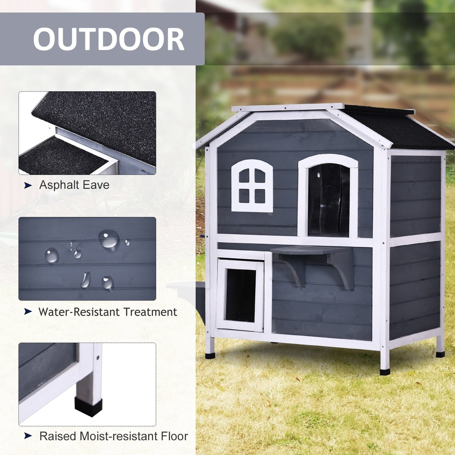 Niche extérieure à deux étages en bois de sapin PawHut, abri pour chats errants avec toit en asphalte ouvrable, pour une utilisation intérieure/extérieure, blanc/gris