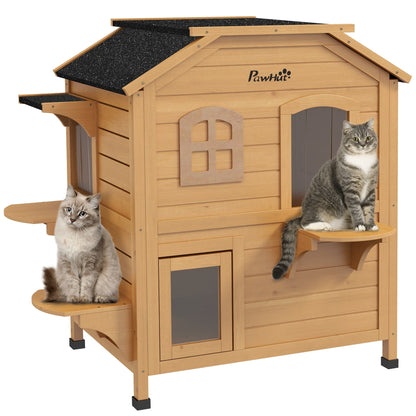 Niche extérieure à deux étages en bois de sapin PawHut, abri pour chats errants avec toit en asphalte ouvrable, pour une utilisation intérieure/extérieure, blanc/gris
