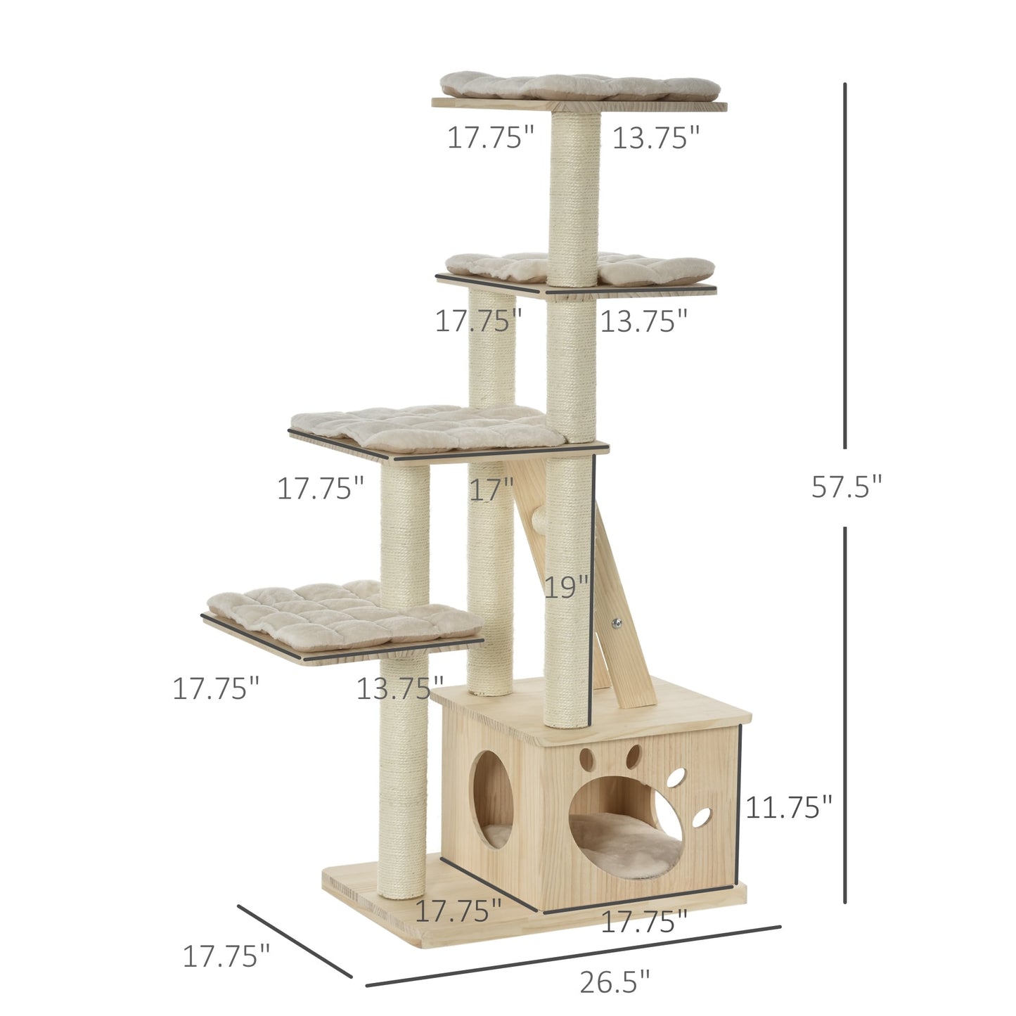 Arbre à chat PawHut à plusieurs niveaux avec poteau à griffer recouvert de sisal, activités pour chatons et coussin moelleux de luxe