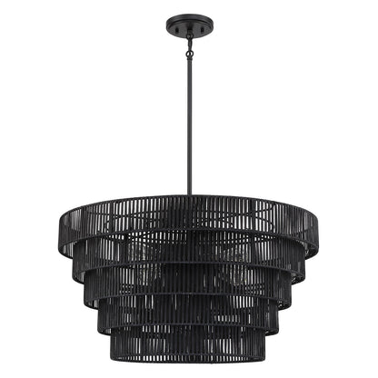 Lustre Piersan à 5 lumières de style bohème moderne avec abat-jour étagé en rotin - 66 cm de large