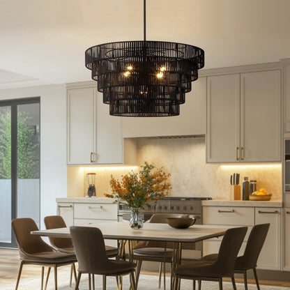 Lustre Piersan à 5 lumières de style bohème moderne avec abat-jour étagé en rotin - 66 cm de large