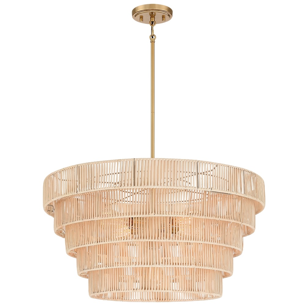 Lustre Piersan à 5 lumières de style bohème moderne avec abat-jour étagé en rotin - 66 cm de large