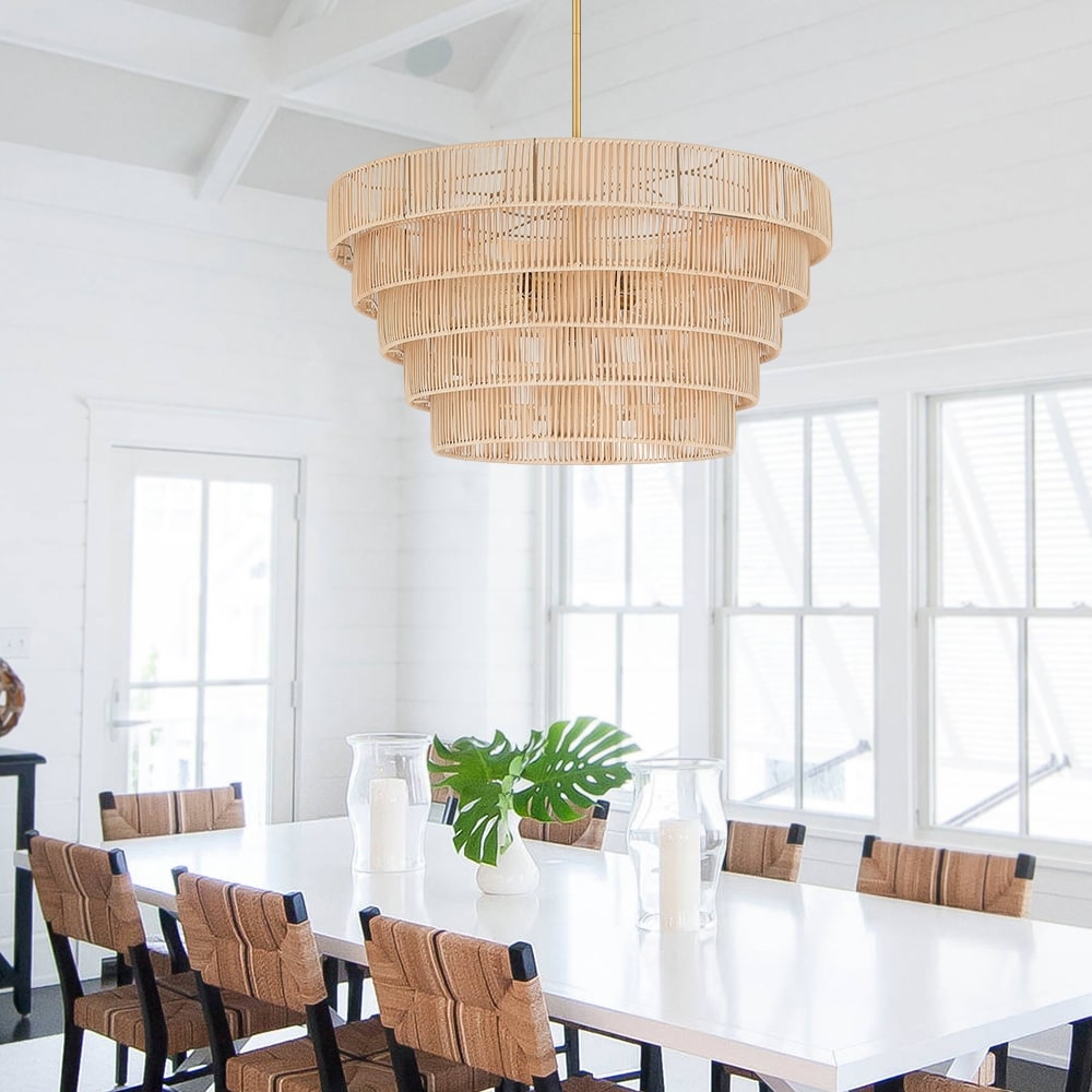 Lustre Piersan à 5 lumières de style bohème moderne avec abat-jour étagé en rotin - 66 cm de large