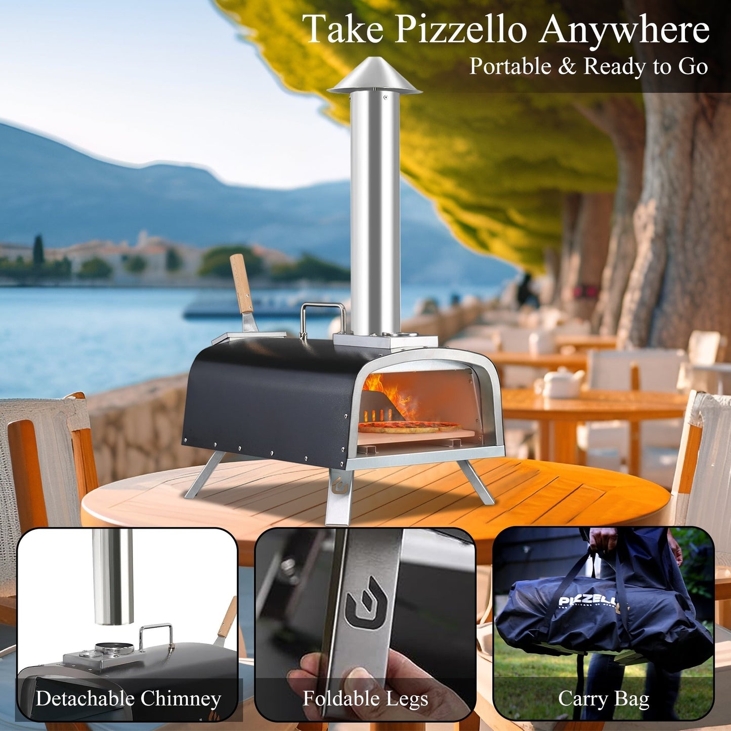 Four à pizza extérieur multi-combustibles avec brûleur à gaz et boîte à bois - 30 cm