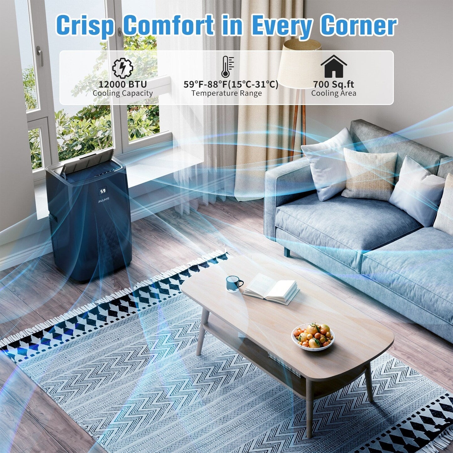 Climatiseur portable avec chauffage – 12 000 BTU en refroidissement et 10 000 BTU en chauffage pour des pièces jusqu’à 700 pieds carrés