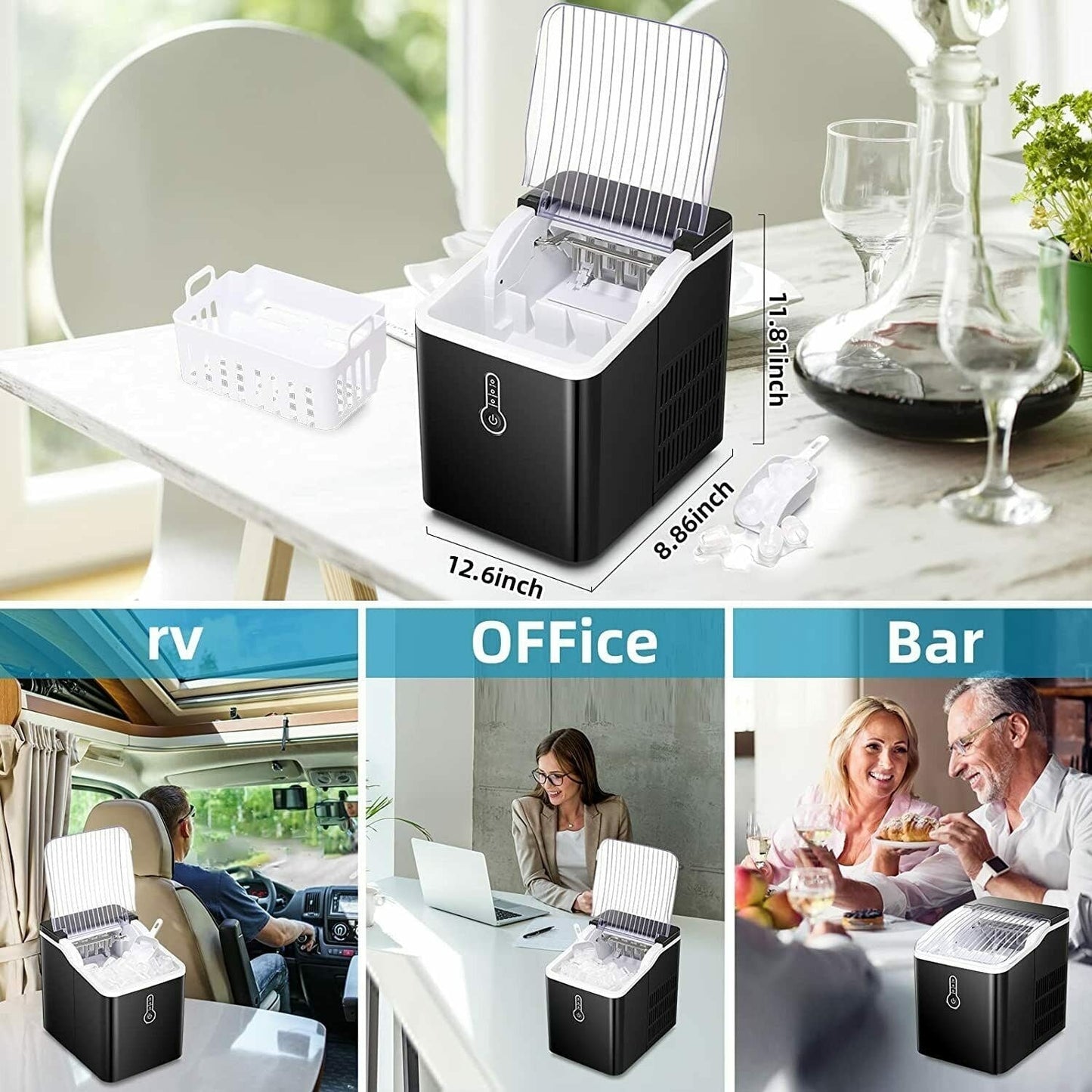 Machine à glaçons portable de comptoir, 12 kg/24 h, autonettoyante, silencieuse