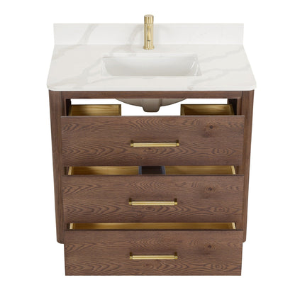 Meuble-lavabo Porto avec plateau en quartz blanc, sans miroir.