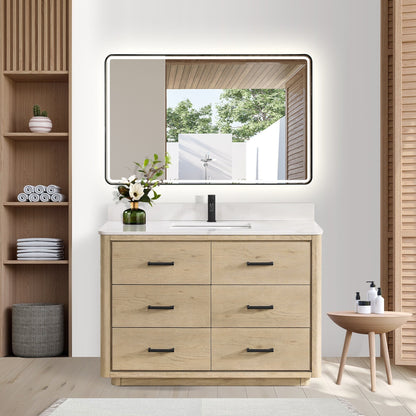 Meuble-lavabo Porto avec plateau en quartz blanc, sans miroir.
