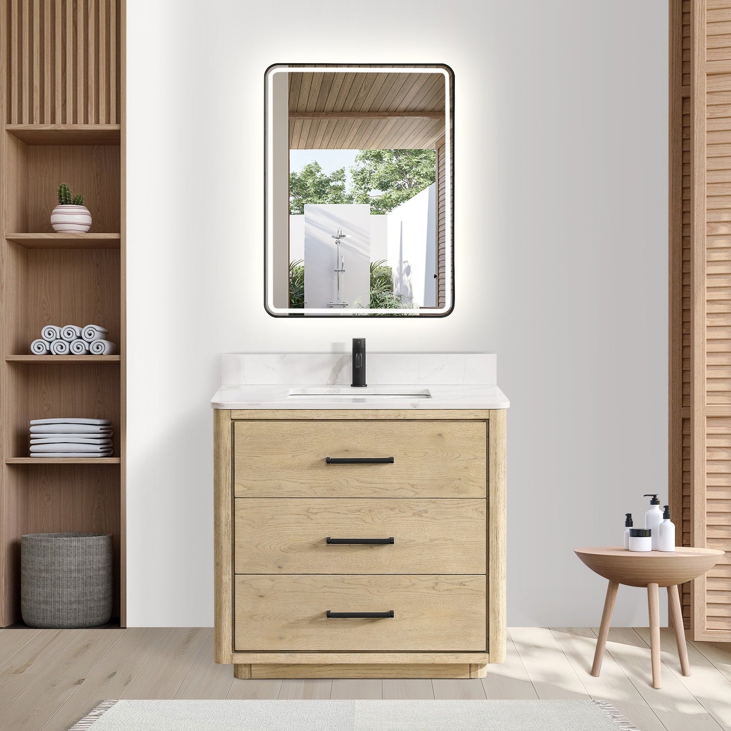 Meuble-lavabo Porto avec plateau en quartz blanc, sans miroir.