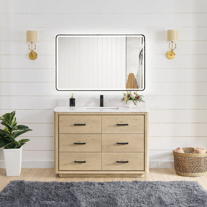 Meuble-lavabo Porto avec plateau en quartz blanc, sans miroir.