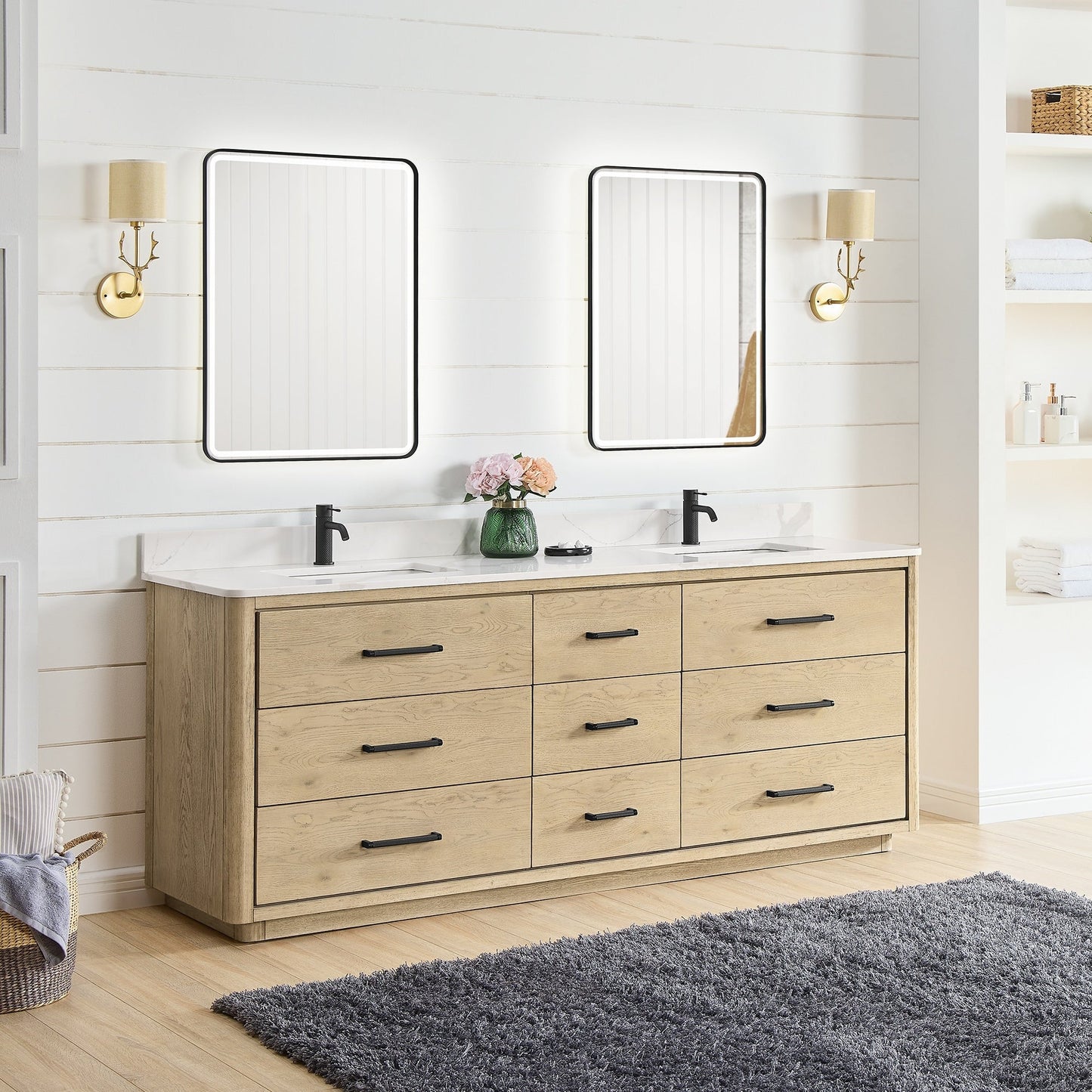 Meuble-lavabo Porto avec plateau en quartz blanc, sans miroir.