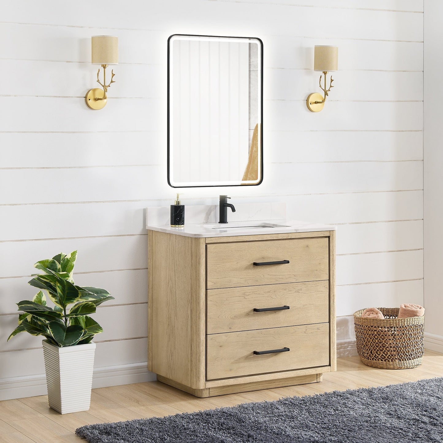 Meuble-lavabo Porto avec plateau en quartz blanc, sans miroir.
