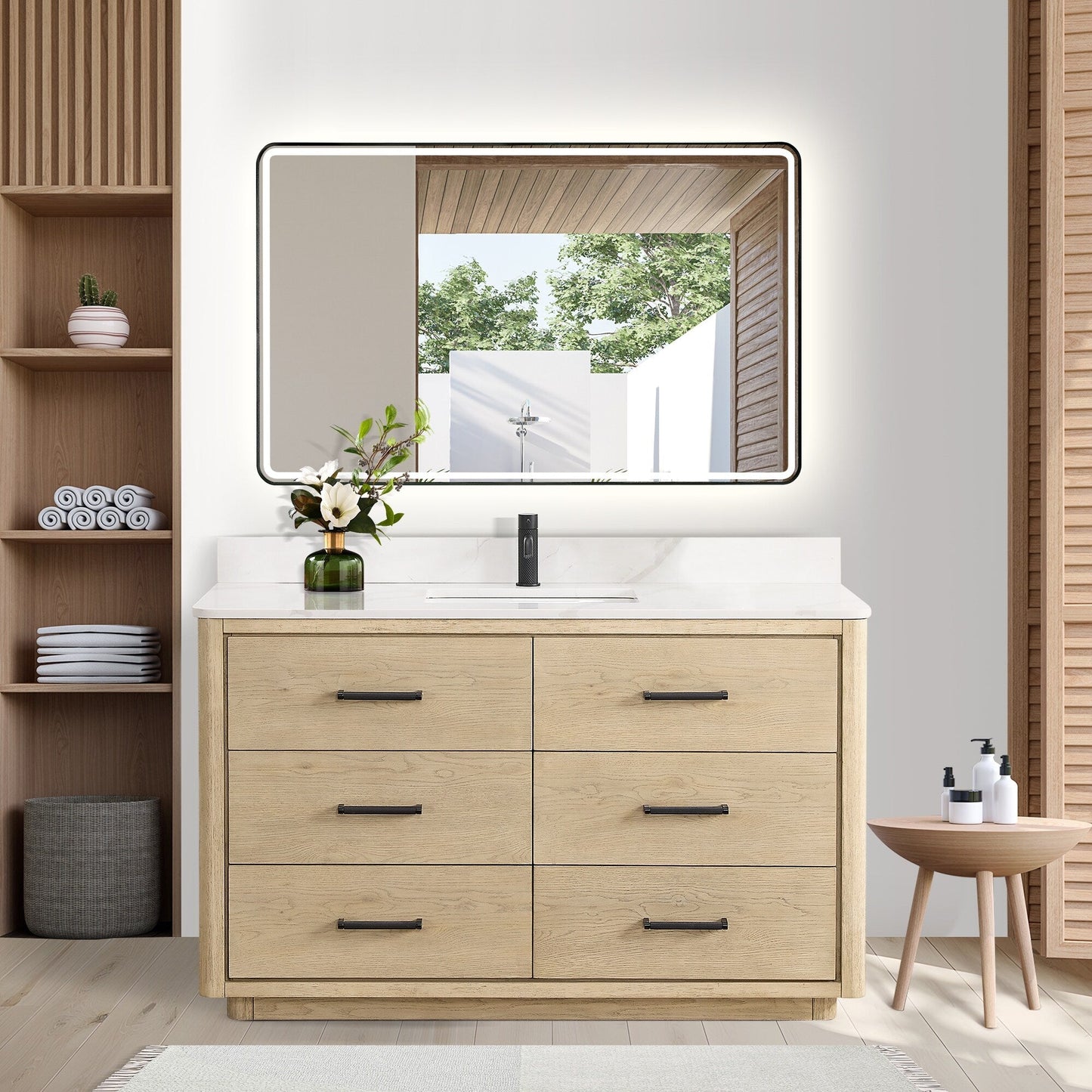 Meuble-lavabo Porto avec plateau en quartz blanc, sans miroir.