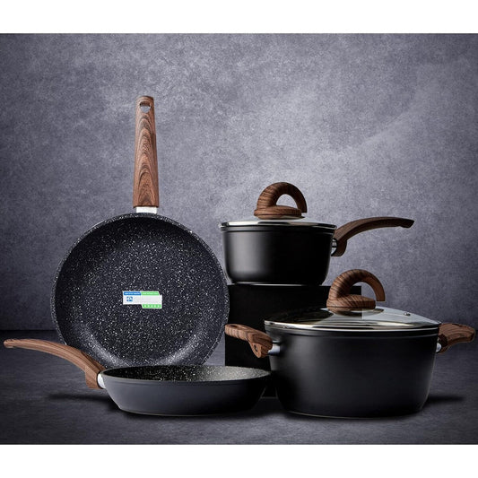 Ensemble de casseroles et poêles antiadhésives, batterie de cuisine en céramique à motifs, compatible induction, comprenant poêles à frire et cocotte avec couvercles.