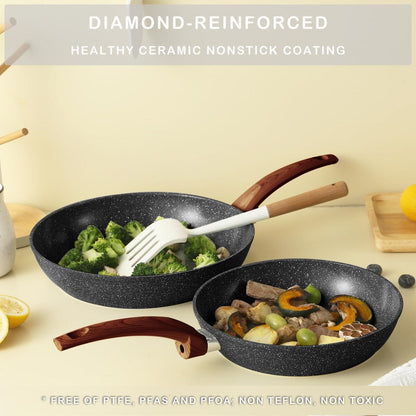 Ensemble de casseroles et poêles antiadhésives, batterie de cuisine en céramique antiadhésive comprenant poêle à frire, casserole, sauteuse et cocotte.