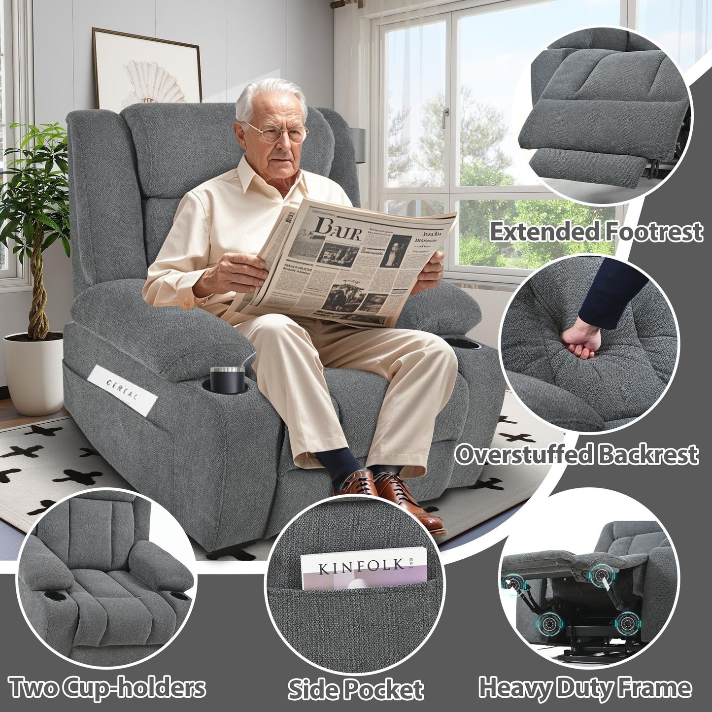 Fauteuil releveur électrique pour personnes âgées, en tissu, avec repose-pieds allongé, 2 porte-gobelets, poches latérales et télécommande.