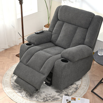 Fauteuil releveur électrique pour personnes âgées, en tissu, avec repose-pieds allongé, 2 porte-gobelets, poches latérales et télécommande.
