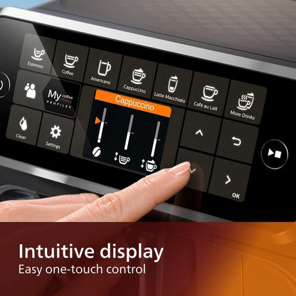Machine à expresso haut de gamme, 12 cafés chauds/glacés, système LatteGo, broyeur en céramique, chrome noir
