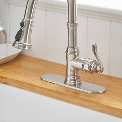 Robinet de cuisine moderne monotrou avec douchette extractible et plaque de montage.