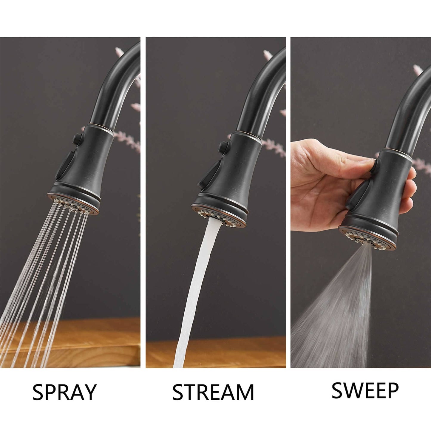 Robinet de cuisine moderne monotrou avec douchette extractible et plaque de montage.