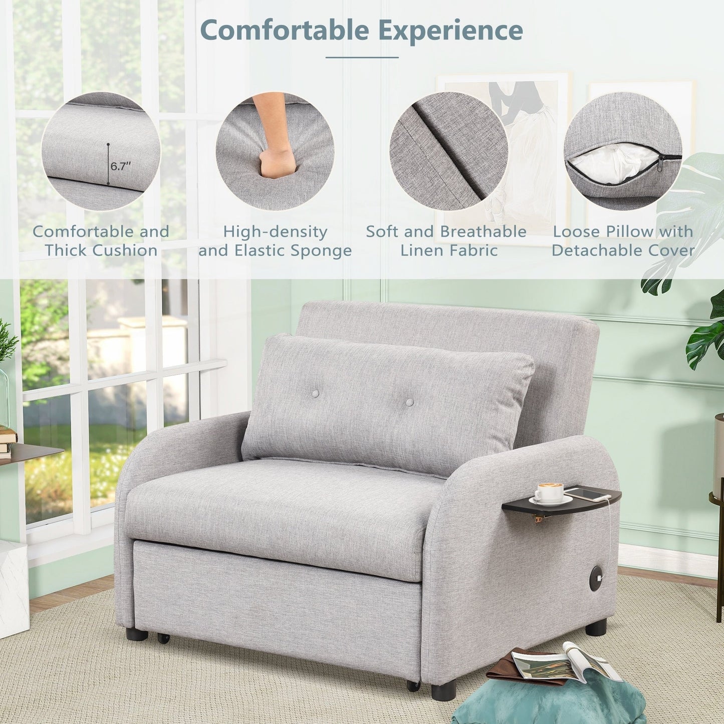 Canapé-lit gigogne 3 en 1 avec table à 2 oreilles