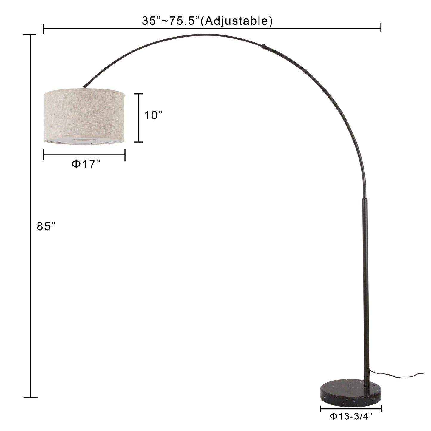 Lampadaire Q-Max 81 en acier, orientable et arqué, avec abat-jour extra large et base en marbre