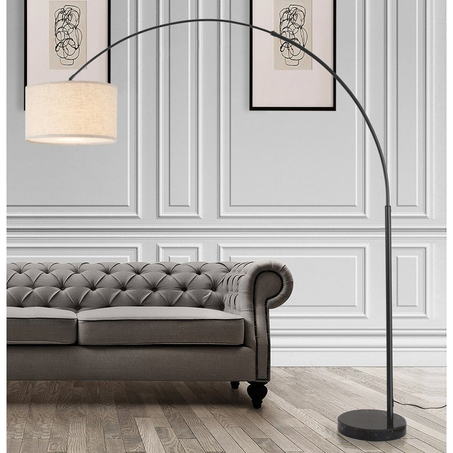 Lampadaire Q-Max 81 en acier, orientable et arqué, avec abat-jour extra large et base en marbre