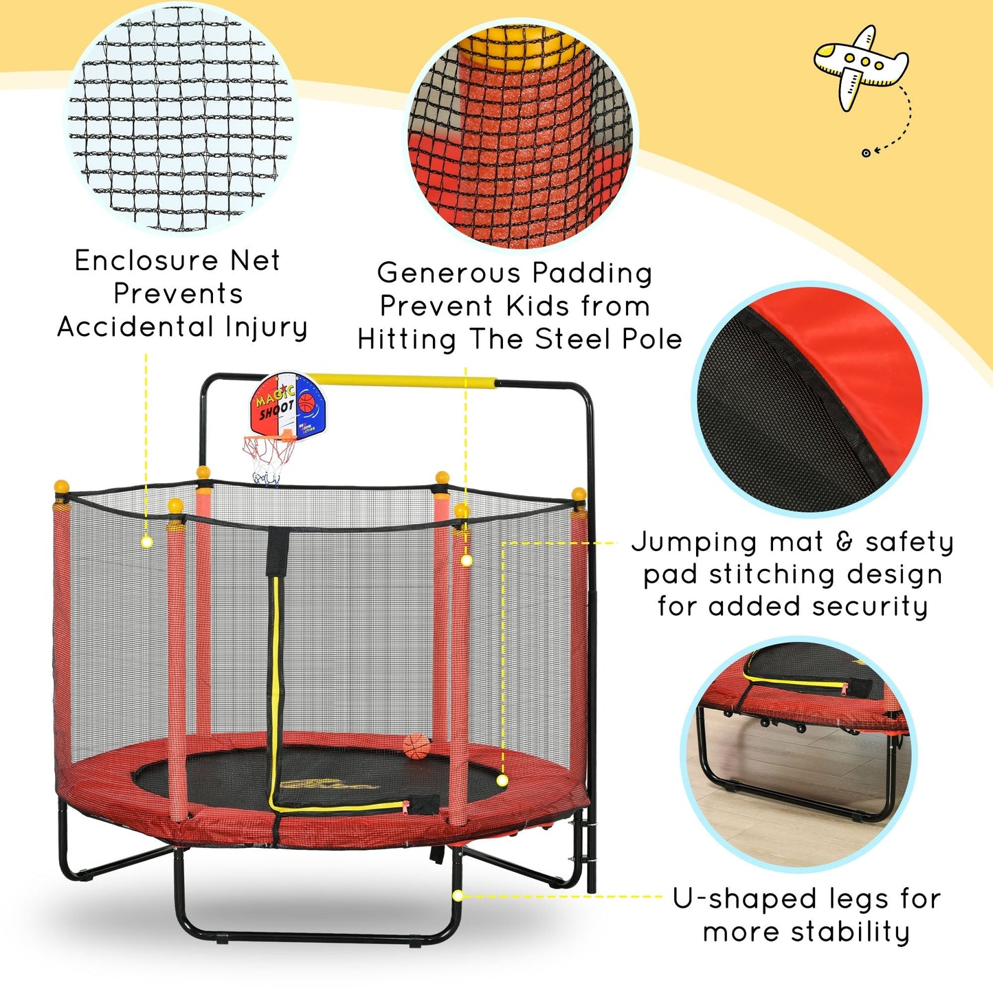 Trampoline Qaba 4,6' pour enfants avec panier de basket, barre horizontale, trampoline d'intérieur 55 pouces avec filet