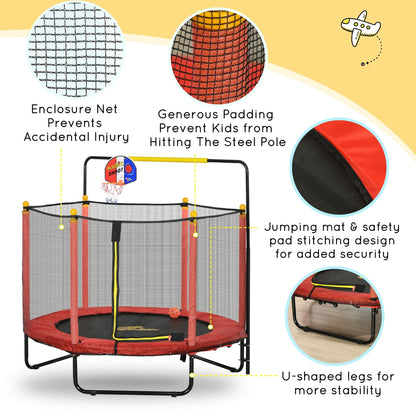 Trampoline Qaba 4,6' pour enfants avec panier de basket, barre horizontale, trampoline d'intérieur 55 pouces avec filet
