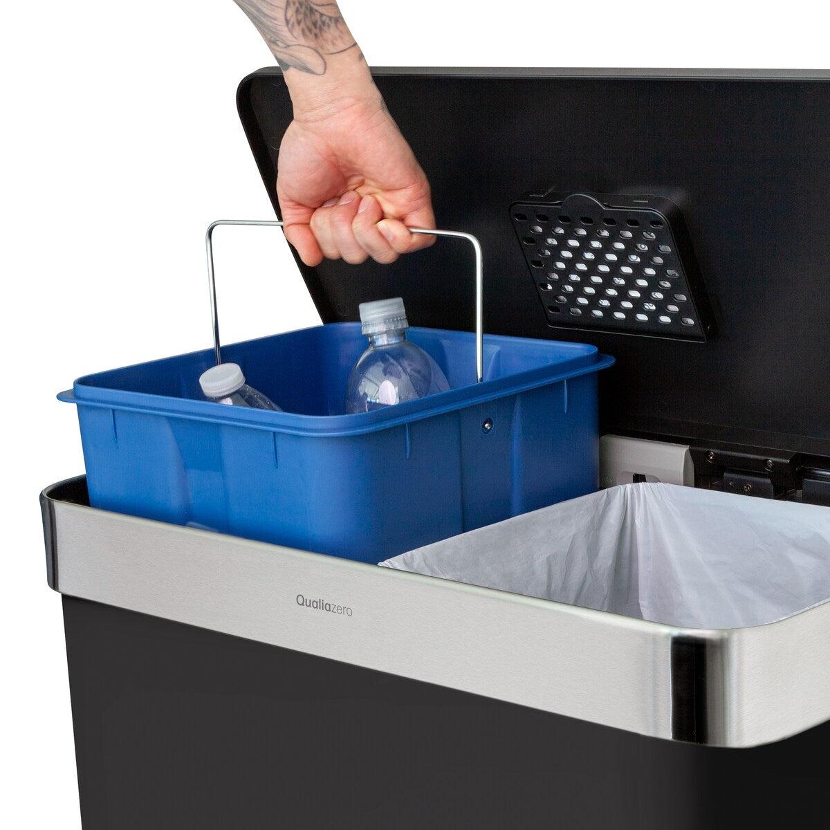 Qualiazero Poubelle rectangulaire à pédale de recyclage 16 gal (8 gal double unité) - Acier inoxydable