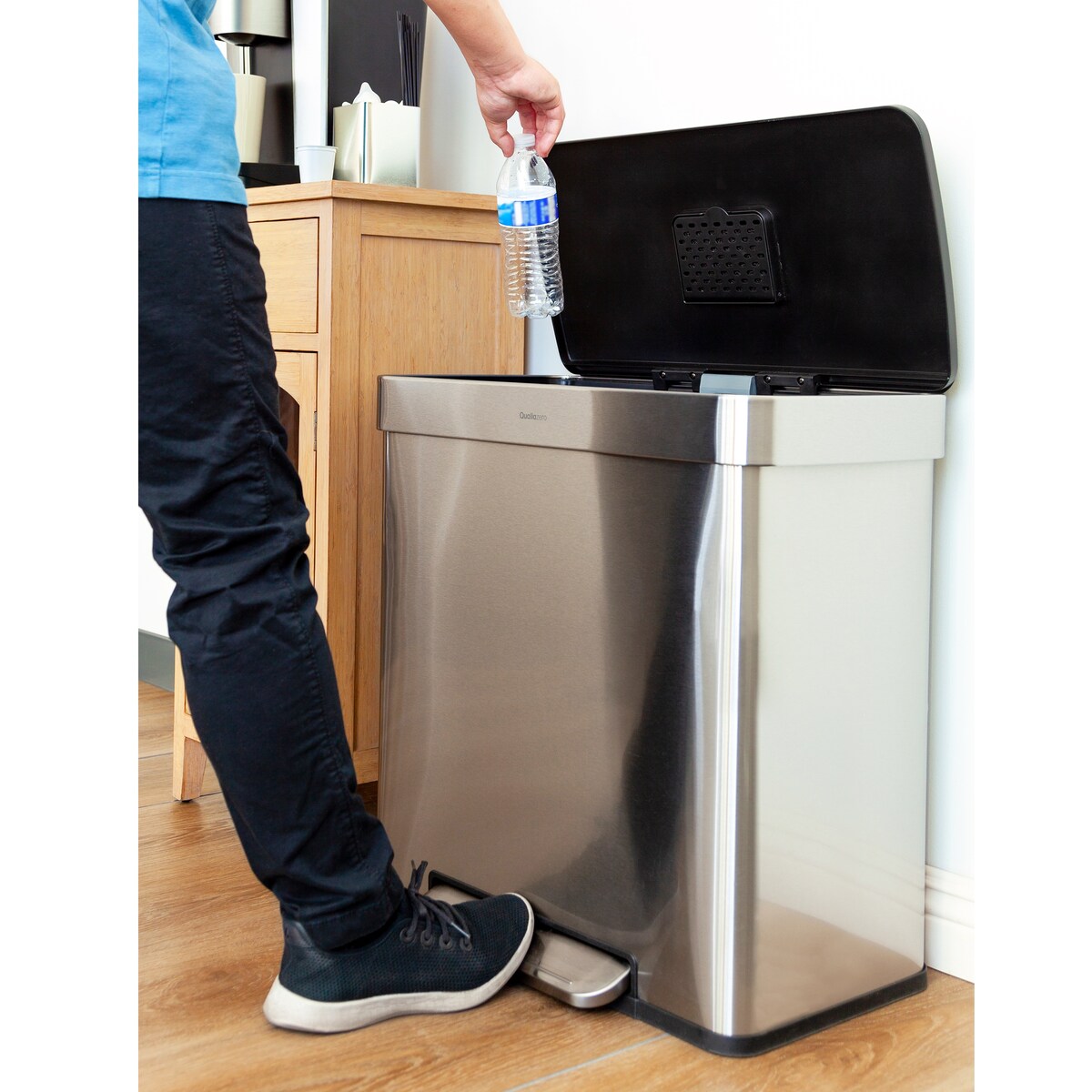 Qualiazero Poubelle rectangulaire à pédale de recyclage 16 gal (8 gal double unité) - Acier inoxydable