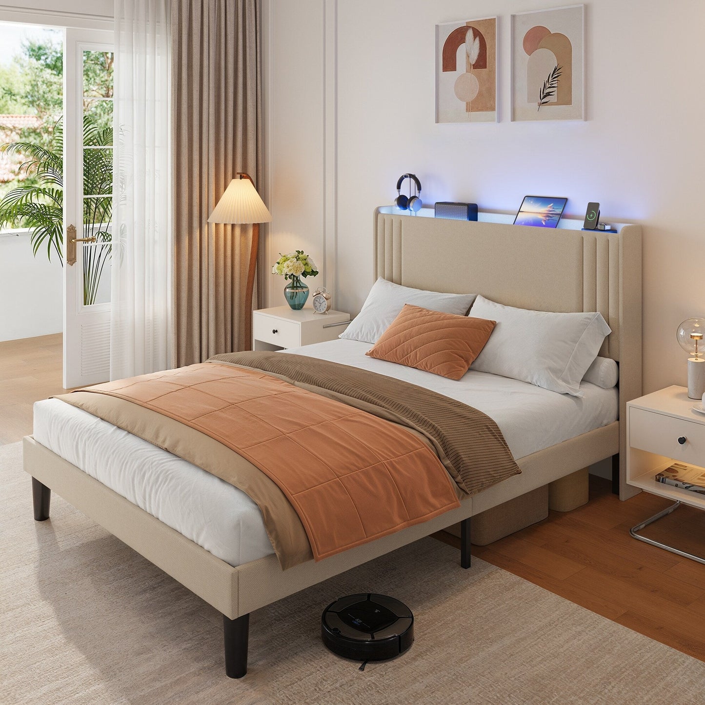 Lit Queen/Full à tête de lit capitonnée avec dossier à oreilles