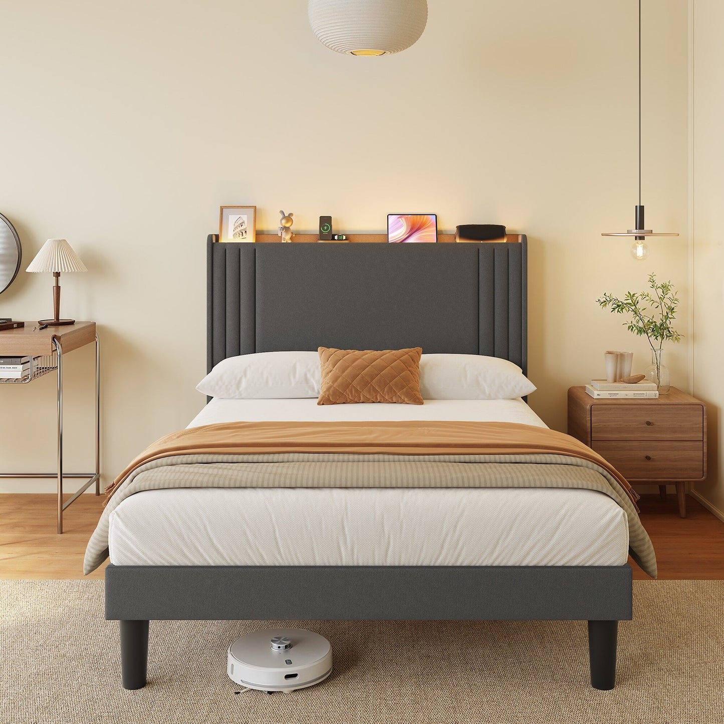 Lit Queen/Full à tête de lit capitonnée avec dossier à oreilles