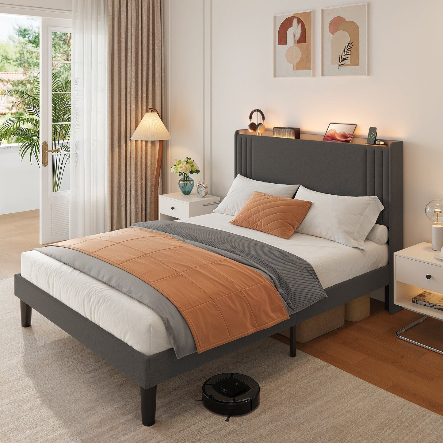 Lit Queen/Full à tête de lit capitonnée avec dossier à oreilles