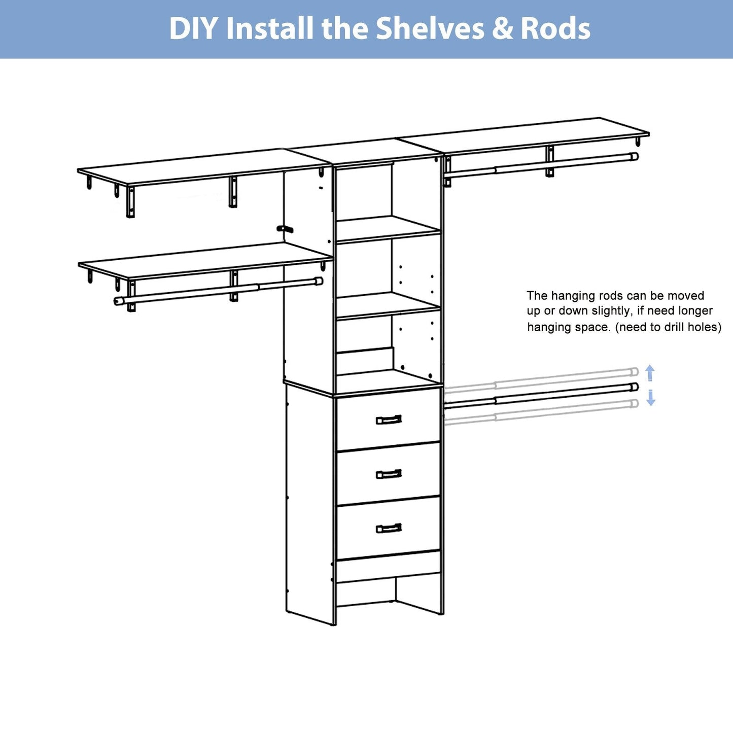Organisateur de placard ajustable Rackcog 120'' avec tiroirs, système de placard avec étagères à monter soi-même pour placards et dressings