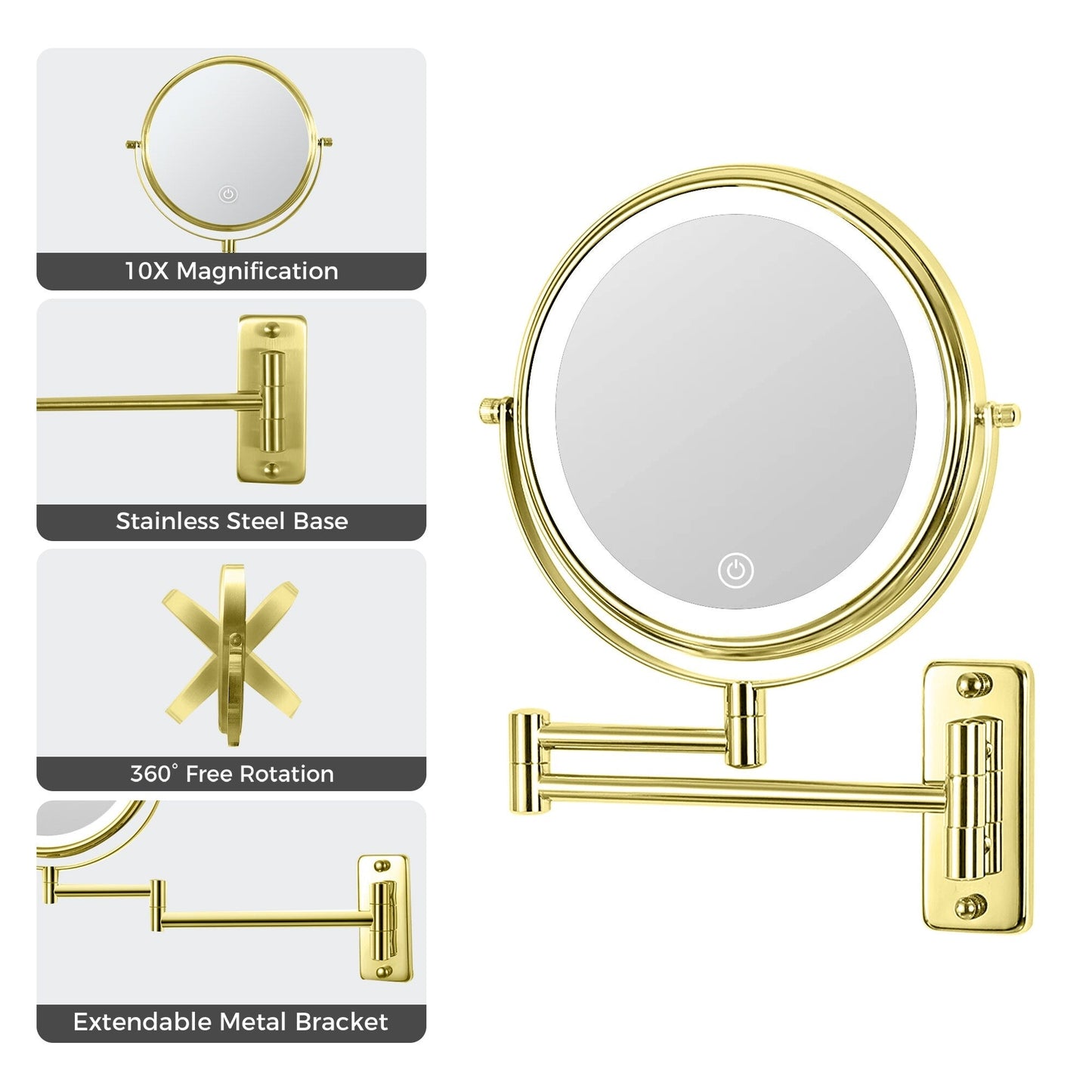 Miroir de maquillage mural rond de 8 pouces pour salle de bain, rechargeable, grossissement 1x/10x, 3 couleurs d'éclairage