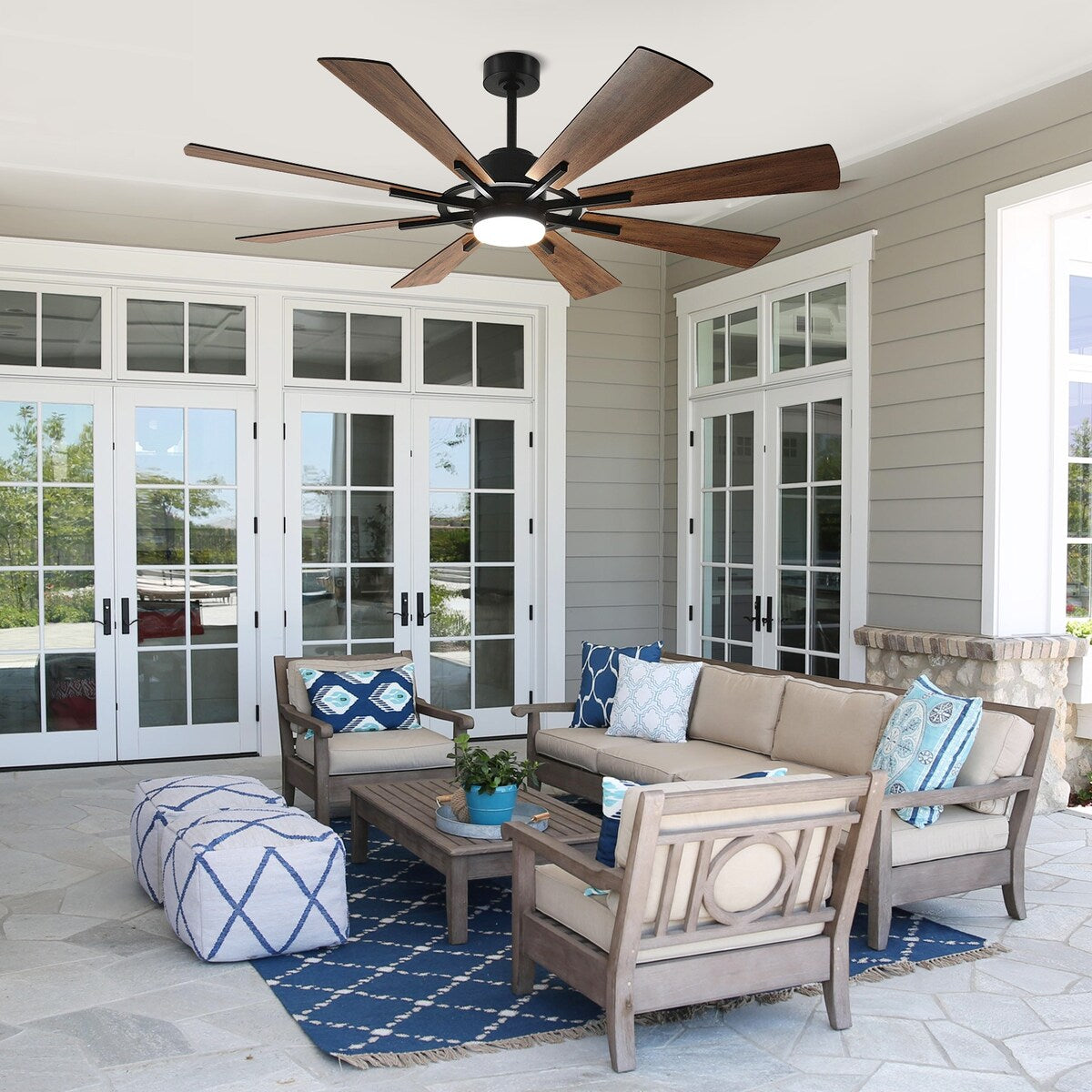 Ventilateur de plafond télécommandé avec éclairage, 8 grandes pales en bois