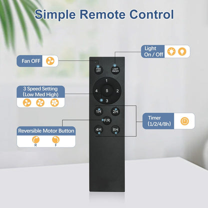 Ventilateur de plafond télécommandé avec éclairage, 8 grandes pales en bois