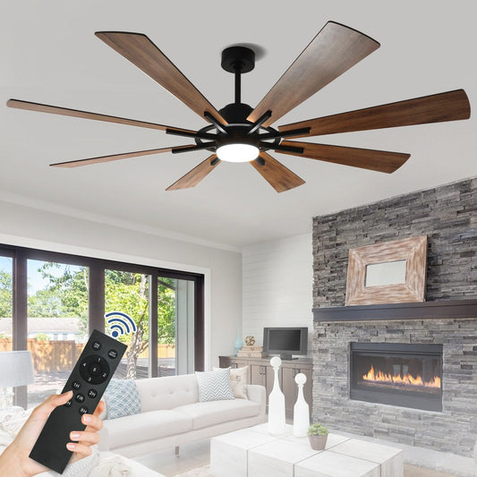 Ventilateur de plafond télécommandé avec éclairage, 8 grandes pales en bois