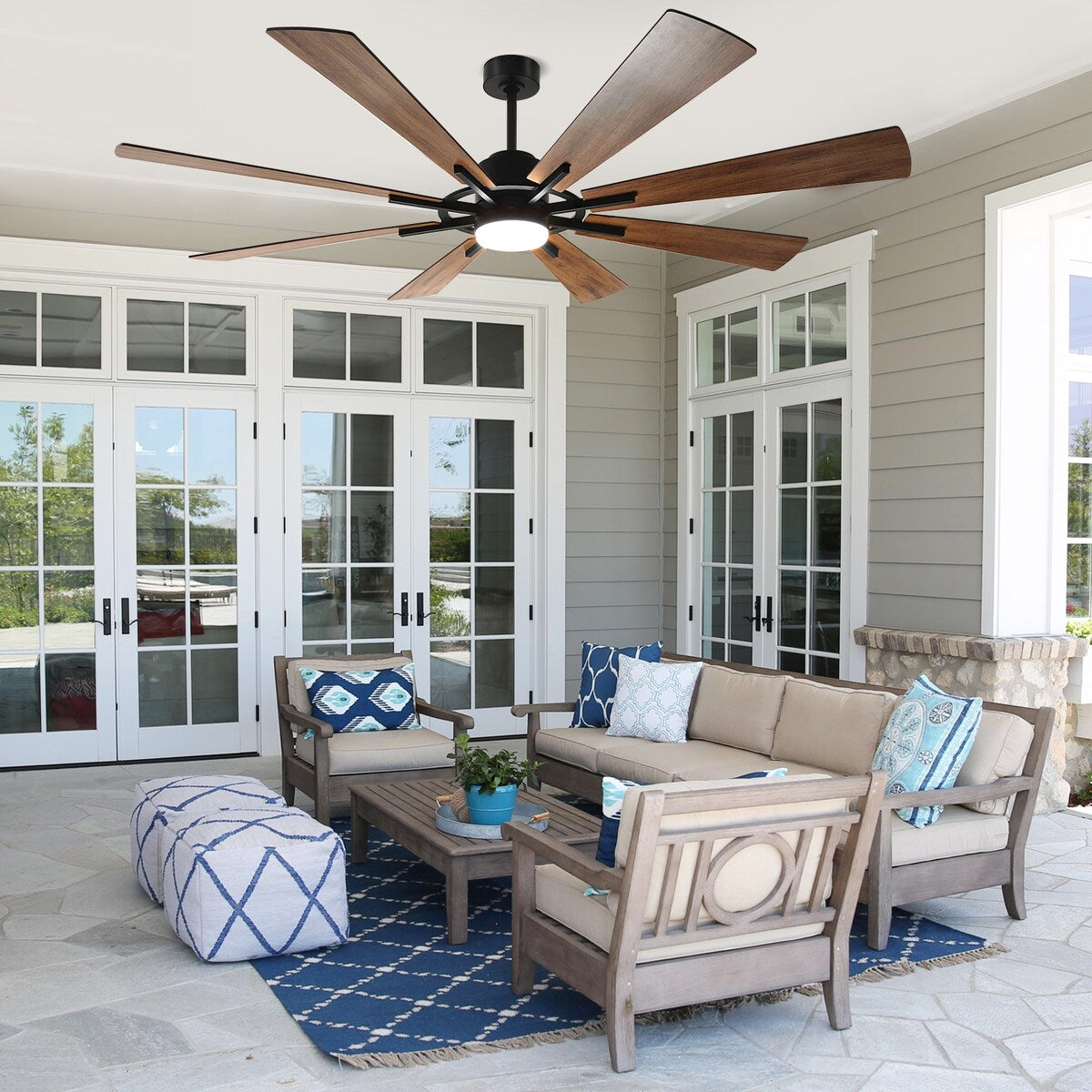 Ventilateur de plafond télécommandé avec éclairage, 8 grandes pales en bois