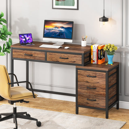 Bureau d'ordinateur réversible à 5 tiroirs, bureau pour bureau à domicile avec tiroir de rangement et support pour imprimante