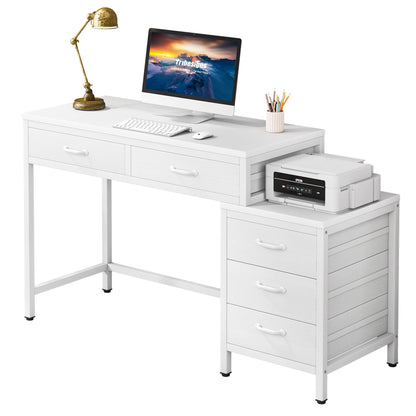Bureau d'ordinateur réversible à 5 tiroirs, bureau pour bureau à domicile avec tiroir de rangement et support pour imprimante