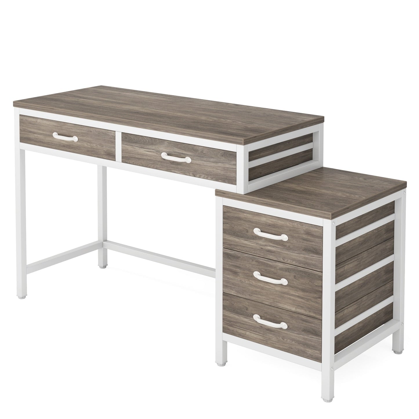 Bureau d'ordinateur réversible à 5 tiroirs, bureau pour bureau à domicile avec tiroir de rangement et support pour imprimante