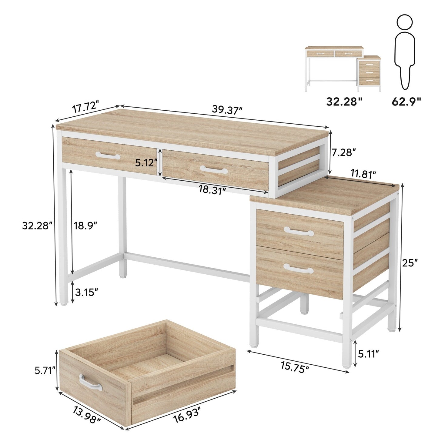 Bureau d'ordinateur réversible à 5 tiroirs, bureau pour bureau à domicile avec tiroir de rangement et support pour imprimante