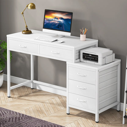 Bureau d'ordinateur réversible à 5 tiroirs, bureau pour bureau à domicile avec tiroir de rangement et support pour imprimante